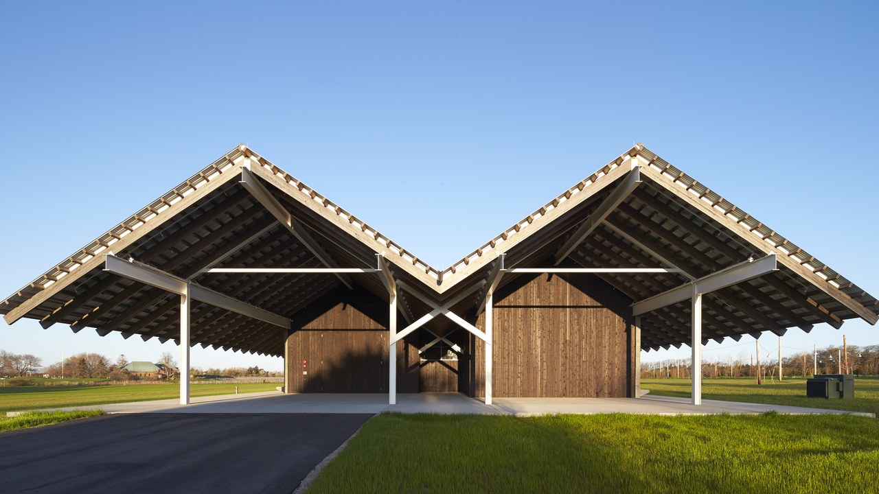 Parrish Art Museum, Water Mill, United States. Architect: Herzog & de Meuron, 2012. Front elevation of two-gabled structure. (Photo by: Hufton+Crow/View Pictures/Universal Images Group via Getty Images)